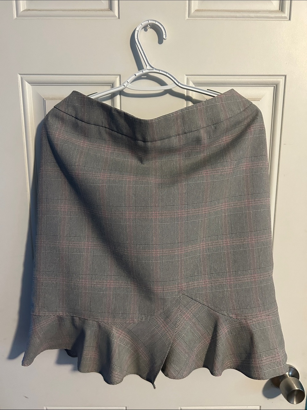 Gray Plaid A-Line Skirt with Pink Windowpane and Ruffle Hem